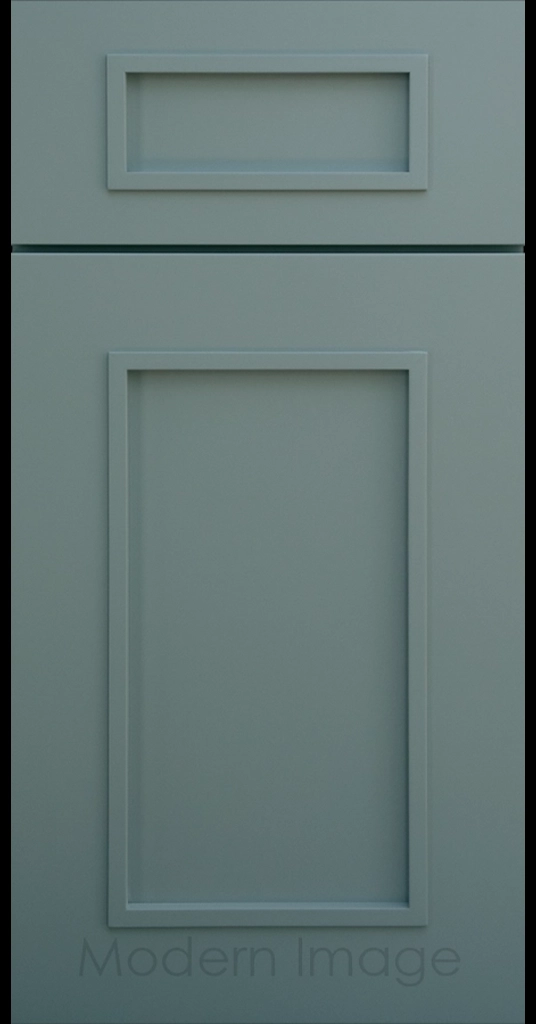 Gilbert cabinet a recessed flat panel and elevated molding in Sage color.